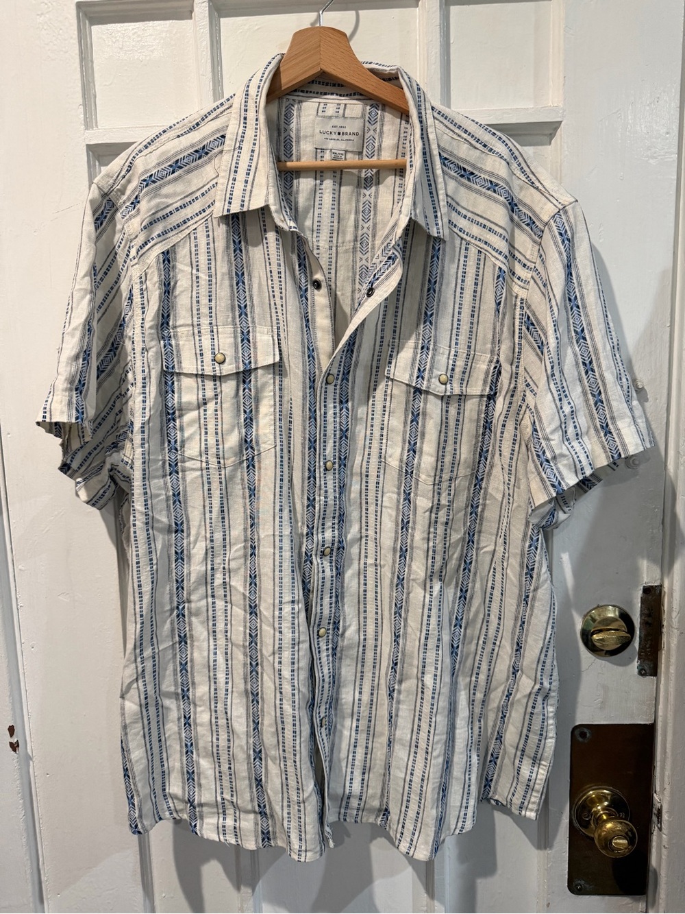 Lucky Brand White and Blue Vertical Stripe Short Sleeve Button-Up Shirt